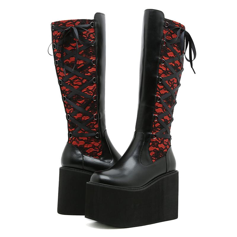 Gdgydh Damen Retro Blumen Schnürstiefel Kniehoch Winterstiefel mit Dickem Keilabsatz Seitenreißverschluss Cowgirl Stiefel Semi-formelles Schuhwerk
