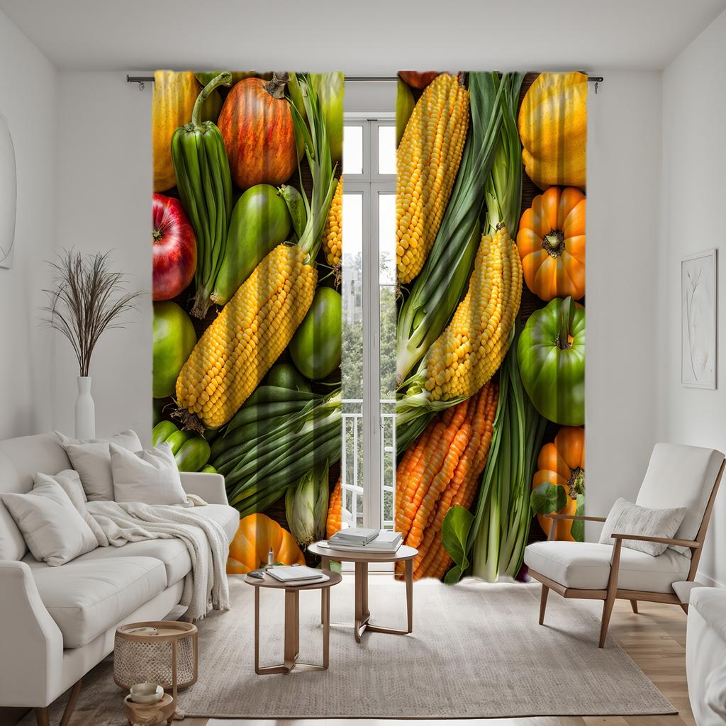 2-teiliges Set HD Erntedankfest Mais Gemüse Vorhang Grün Bindeband Digital bedruckter Vorhang Heimdekorationsstil Wohnzimmer dekorieren r