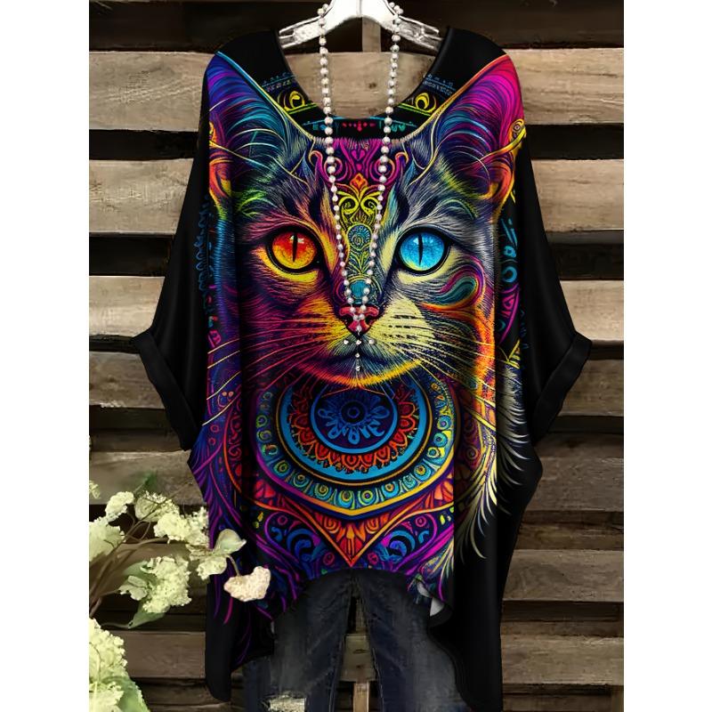 

Summer Fashion Large Size Symphony Cat Shadow Pattern Print Swallowtail Round Neck T-Shirt S