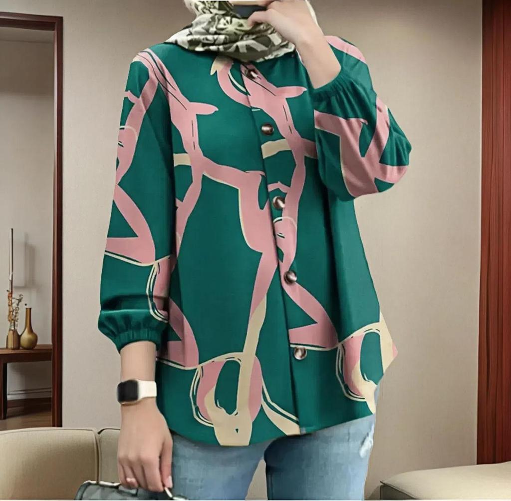 Nueva Camisa de Botones Estampada de Manga Abullonada Holgada Talla Grande para Mujer