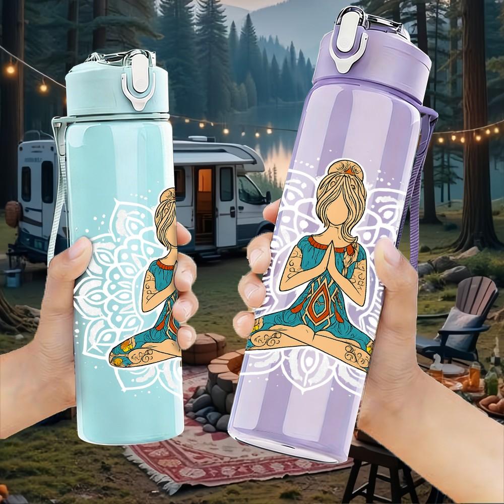1PC Meditating Yoga Figure 750ml Color Plastic Sports Water Bottle Leakproof Flip Straw Lid Suitable for Sports Office Home Use