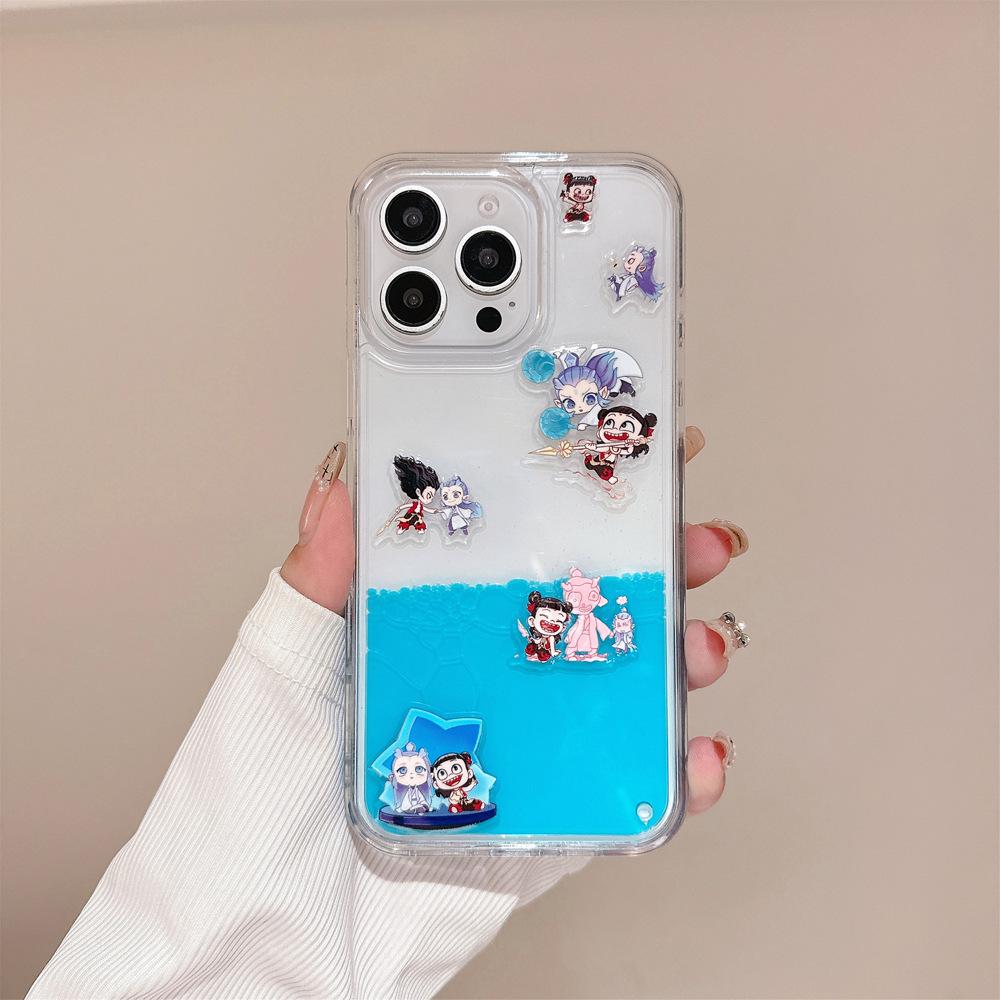 Cartoon simple application Apple 16 mobile phone case liquid crystal sticker Nezha Aobeng iphone15promax case