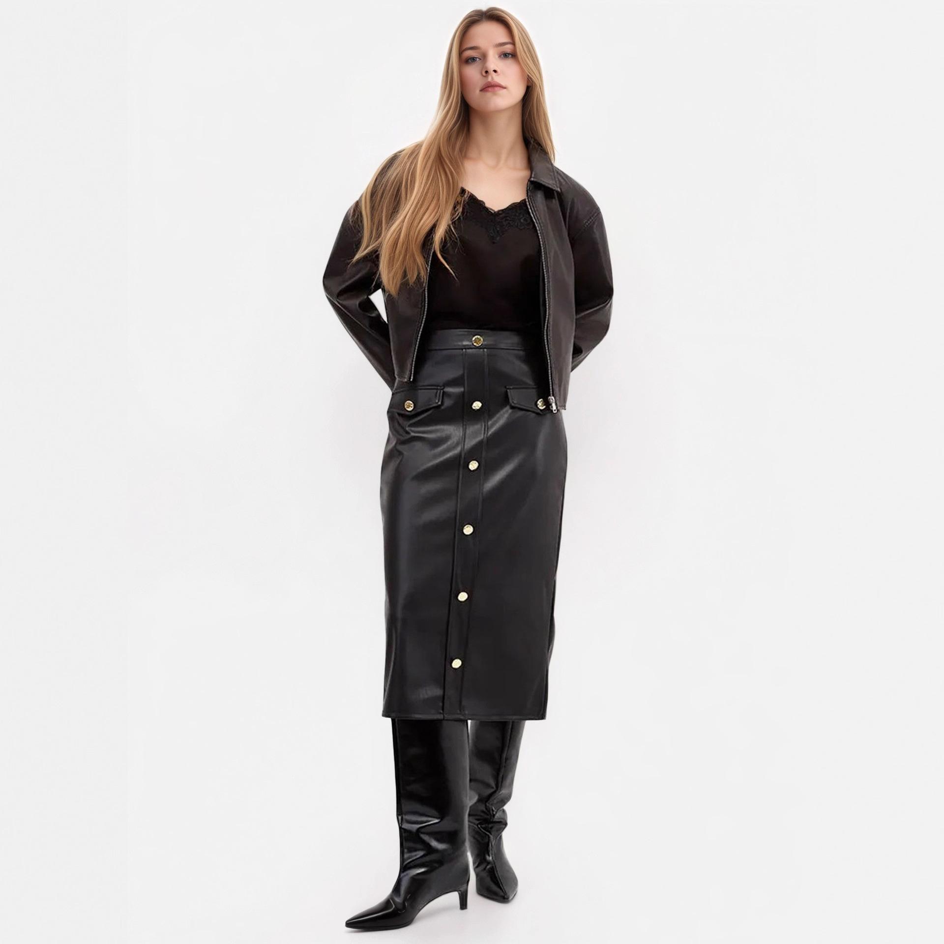 PU leather skirt street style European and American high-end women s clothing straight skirt european and american size s