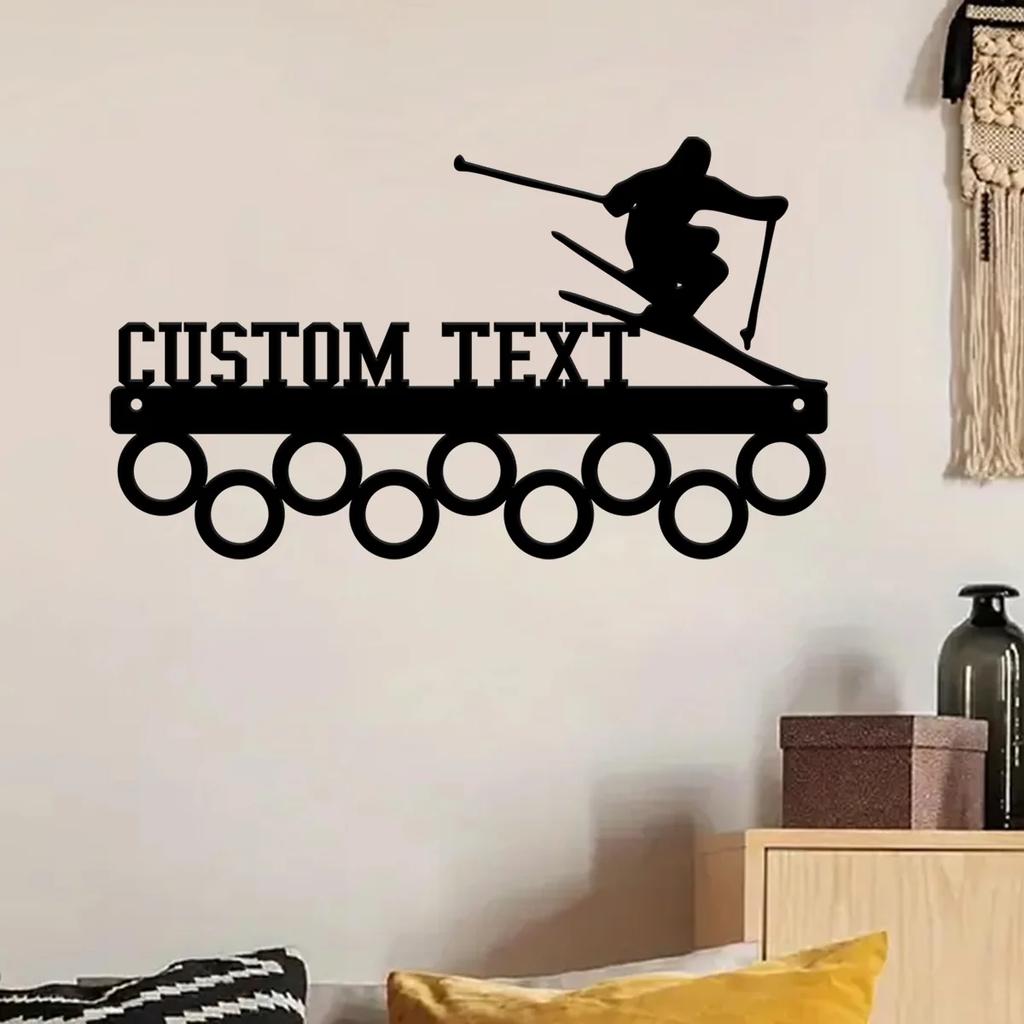 Skiing Player Medal Hanger Metal Wall Art, Personalized Ski Gift, Lodge Decor