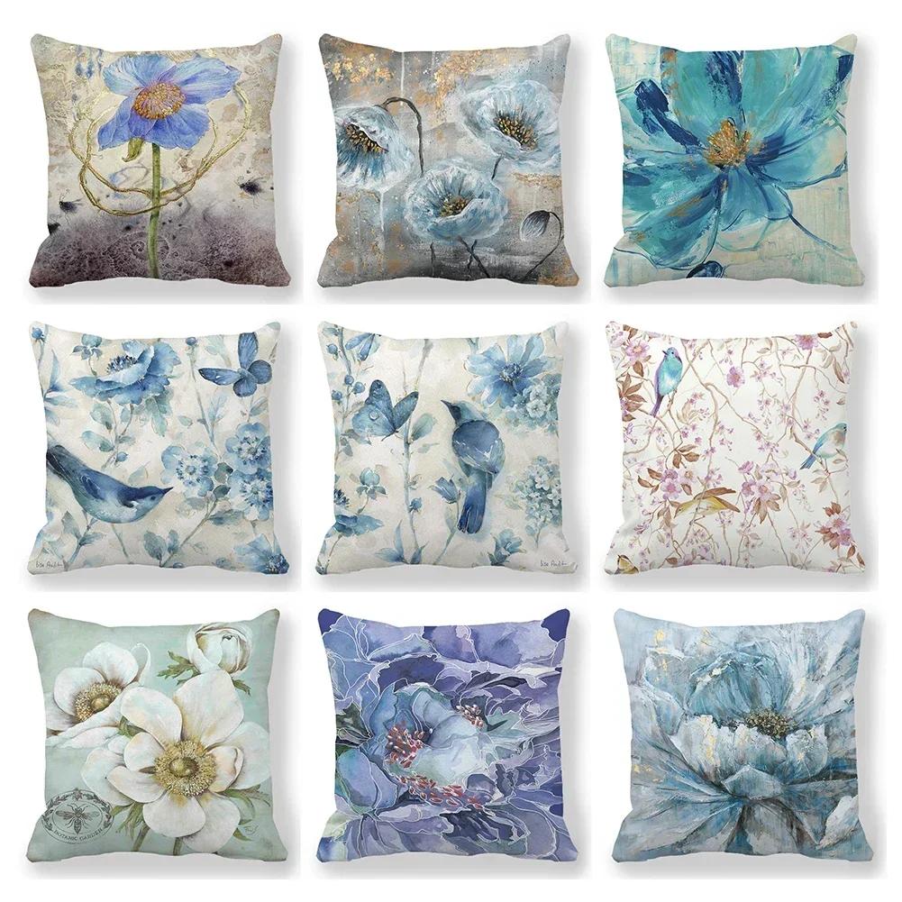 Flower Printing Throw Pillow Covers Vintage Oil Painting Birds Floral Square Cushion Cover Pillowcases for Sofa Home Decor 45cm