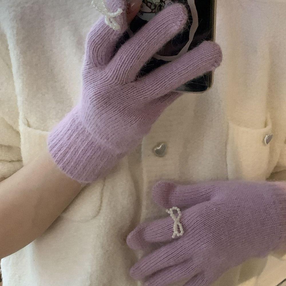 Candy Colored Women Winter Gloves Bowknot Women Mittens Cute Pearl Bow Knitted Gloves  Ladies