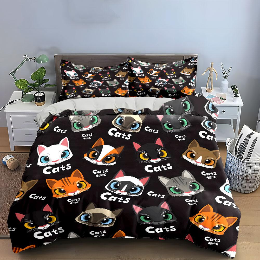 Cute Cartoon Cat Faces Pattern Bedding Duvet Cover Set  (1*Duvet Cover 2*Pillowcases, without duvet insert)