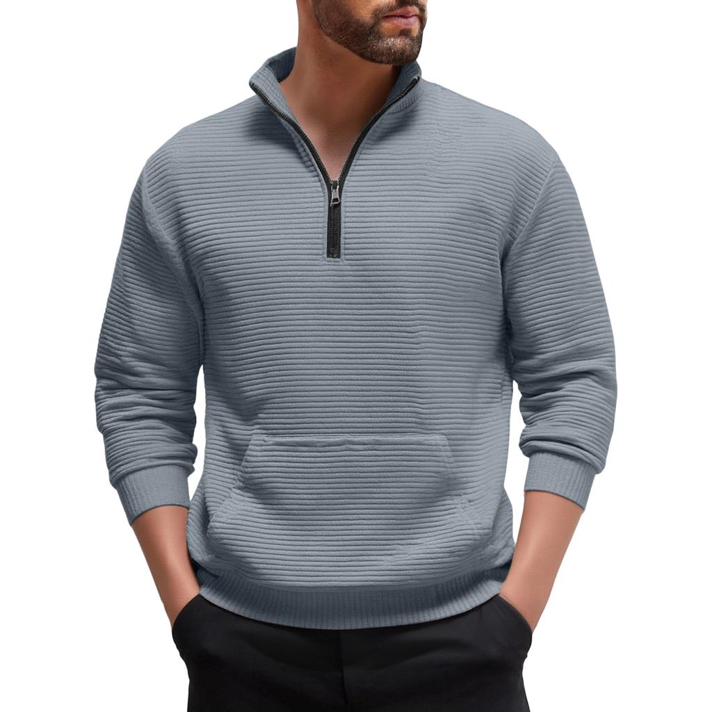 Men's Casual Sports Long-sleeved Thickened Sweatshirt, Men's Stand-up Collar Semi-zipper Striped Texture Top