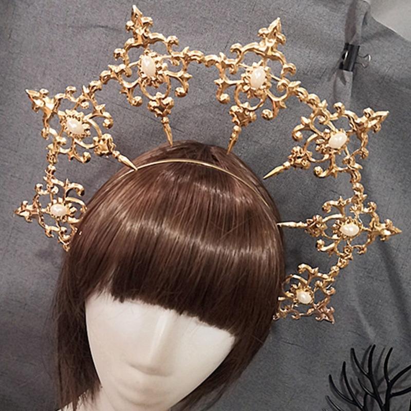 Womens Mary Halos Crowns Headband Spiked Gold Tiara Hair Accessories Goddess Headpiece Headdress for Cosplay