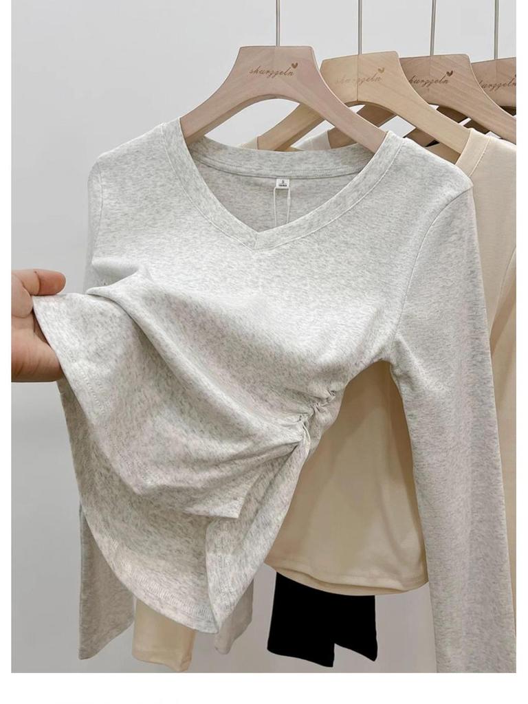 Damen V-Ausschnitt Slim-Fit Langarm-T-Shirt, Neuer Frühling/Herbst Stil mit Raffung an der Taille, Schickes Hot Girl Top, Vielseitiges Basic-Shirt.