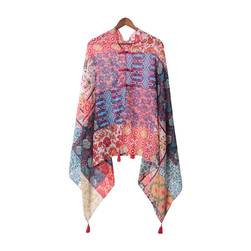 "Summer Ethnic Style Cotton-Linen Shawl: Handmade Retro Button Sunscreen Beach Cover-Up"