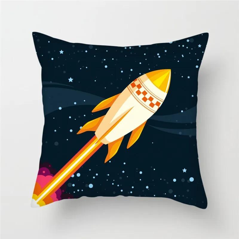 Cartoon Astronaut & Rakete Raumschiff Kissenbezug Deko Weltraum-Thema Kissenhülle für Sofa Schlafzimmer, Galaxie-Druck Kissenbezug