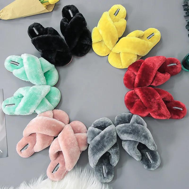 

2024 Winter Slippers Women Fashion Cross Fluffy Fur Slipper Home Slides Flat Indoor Floor Flip Flops Ladies Soft Plush Slippers 34-35