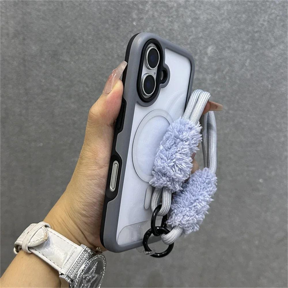 Armor Candy Color Clash For Magsafe Magnetic Clear Phone Case with Plush Wrist Strap For iPhone 16 Pro Max 15 14 13 Cover