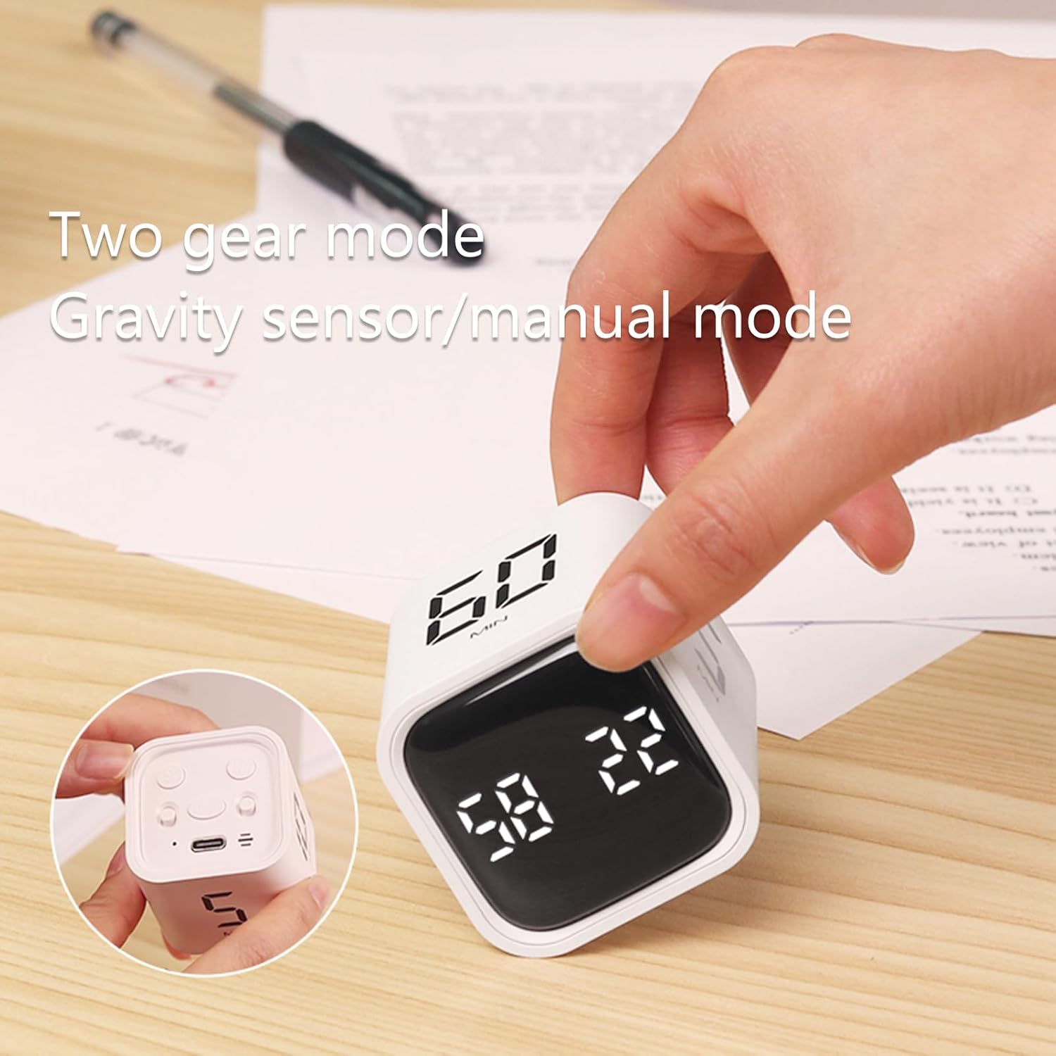 Digital Cube Pomodoro Timer Desk Rechargeable Productivity Timer 5/10/30/60min & Custom Countdown, Vibration & Adjustable Sound Alarm,for Task Work