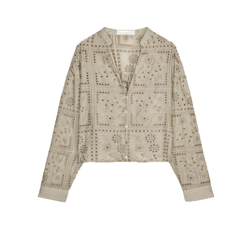 

Spring New Women s Clothing Decorated Row Button V-Shaped Neckline Cut Out Embroidered Crew Neck Long Sleeves Casual Shirt 2949021 Shallow khaki L