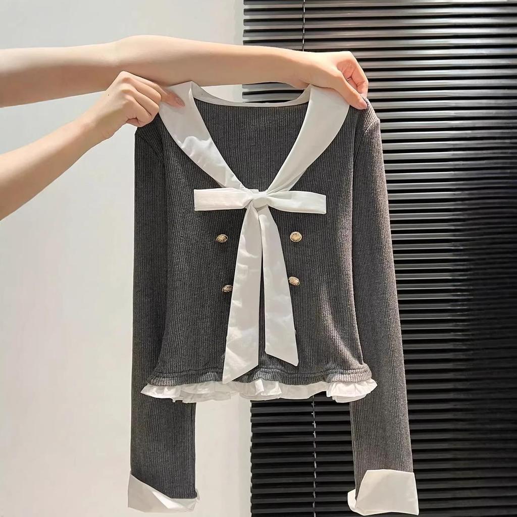 Zweiteiliges College-Stil Faux Longsleeve Oberteil mit Schleife für Damen – Slim Fit, Herbstmode Oberbekleidung