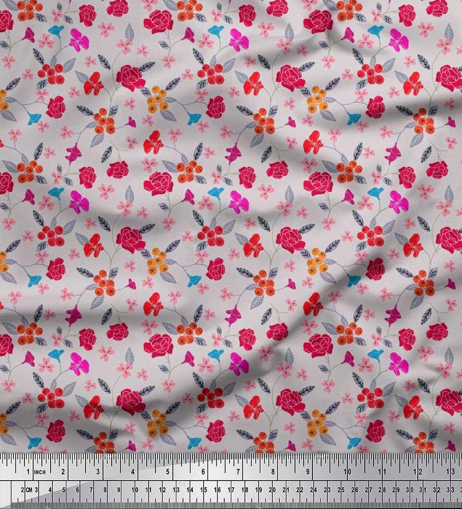Soimoi Japan Crepe Satin Fabric Berries,Leaves & Floral Artistic Print Fabric by the Metre 42 Inch