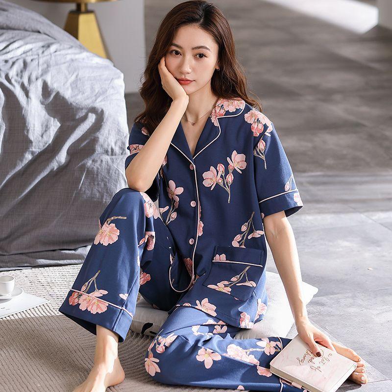 Pajamas Women's Summer Cotton Short Sleeves Trousers Loungewear Thin Middle-aged Mom Loose Plus Size Set