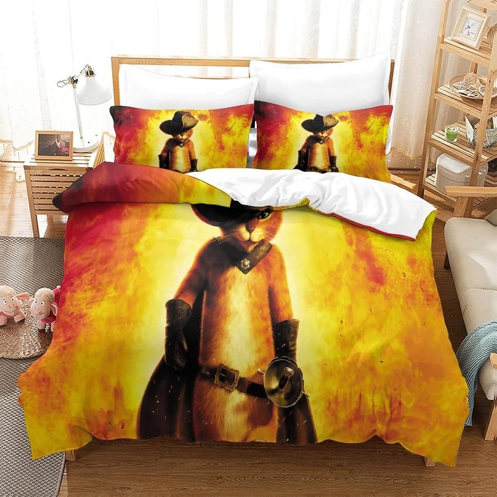 Cartoon Der gestiefelte Kater Bettwäscheset Bettbezug Kissenbezug Bettwäsche Set Erwachsene Jungen Mädchen Schlafzimmer Dekoration Einzel Doppelgröße