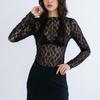 Dlouhý rukáv Průhledný krajkový crop top Jednobarevné Sexy bodycon tričko Pro ženy Párty Klub Podzimní zimní oblečení