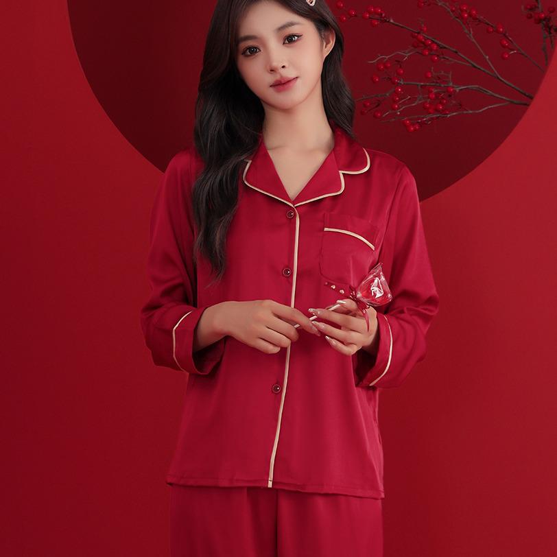 High-Grade Red Silk Wedding Pajama Set for Couples - Colorfast, Zodiac Theme, Spring & Autumn Style