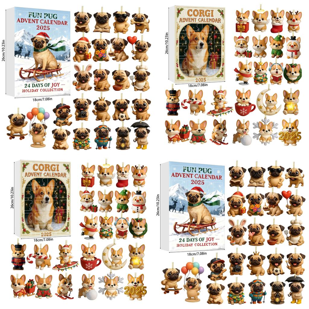 Calendario dell'Avvento in Acrilico con Pug, Gatto, Cavallo, Corgi e Animali, con 24 Decorazioni per Scambio di Regali Natalizi