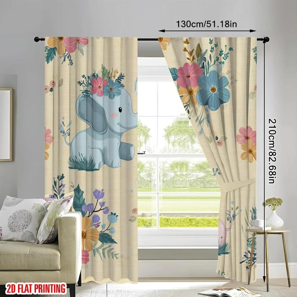 2pcs Blooming Floral Elephant Curtains   Room Darkening    Nursery Decor   Rod Pocket Curtains