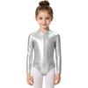 Kids Girls Zipper Metallic Leotard Long Sleeve Shiny Bodysuit for Jazz Dance Stage Performance Cosplay Theme Party Costume
