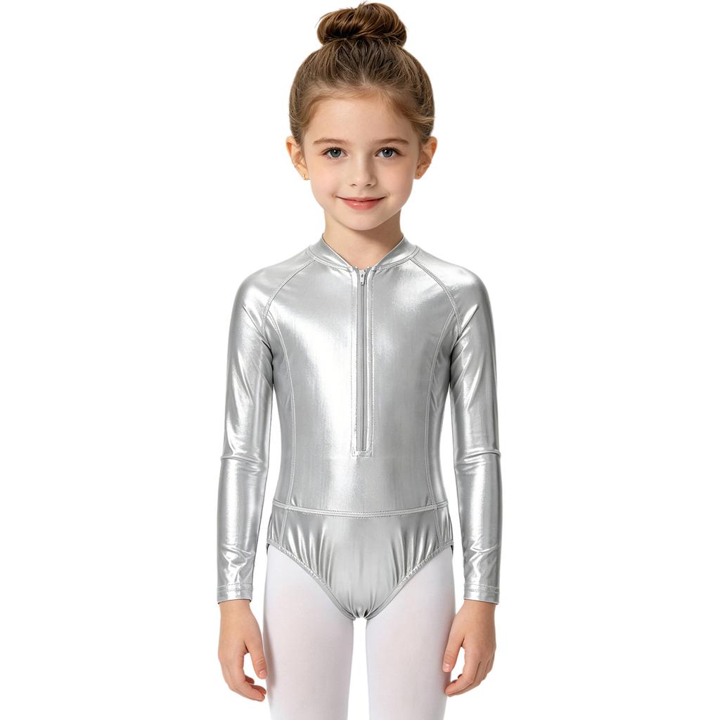 Kids Girls Zipper Metallic Leotard Long Sleeve Shiny Bodysuit for Jazz Dance Stage Performance Cosplay Theme Party Costume