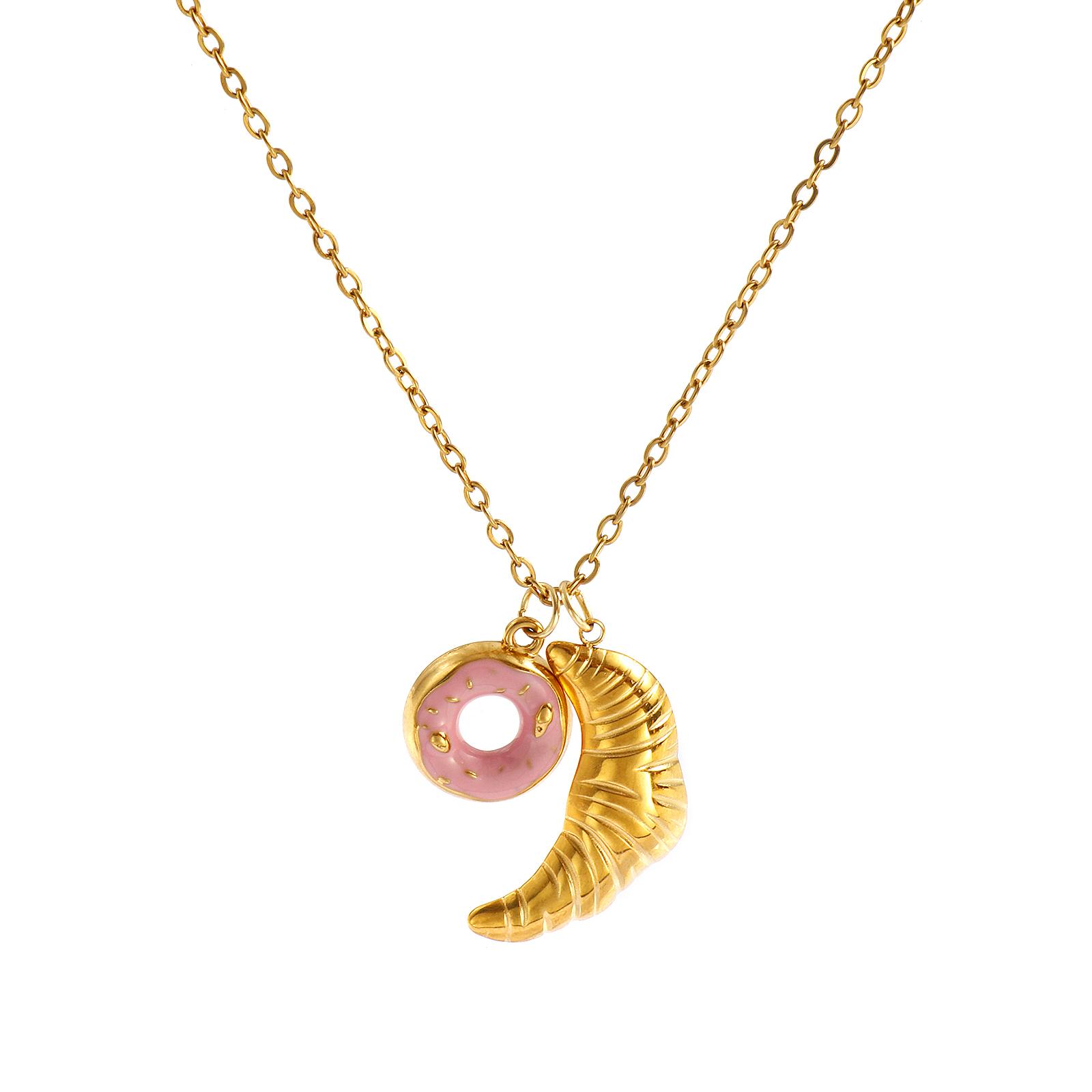 

1 Piece Pendant Necklace 304 Stainless Steel 18K Gold Plated Chain Pink Enamel Donut Coffee Charm For Women 45cm(17.7 ) +5cm(2 )