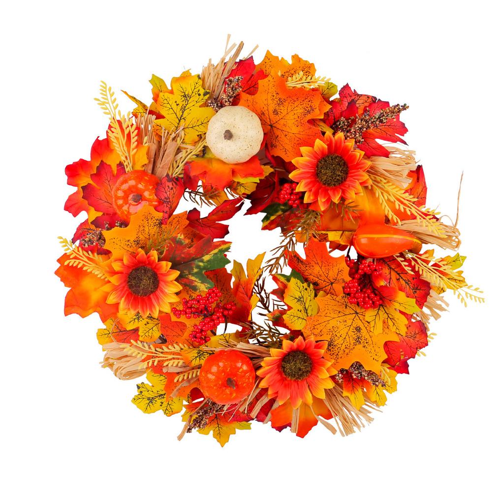 1 Pc 40cm Autumn Home Decor Wreath, Harvest Festival Decor Front Door Wreath, Pumpkin, Ears of Wheat, Straw, Maple Leaves Wreath