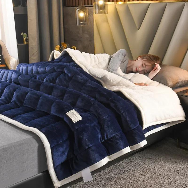 Thick Imitation Lamb Wool Blanket Winter Double-sided Three-layer Quilted Blanket Skin-friendly Cozy Warm Bed Cover Blanket