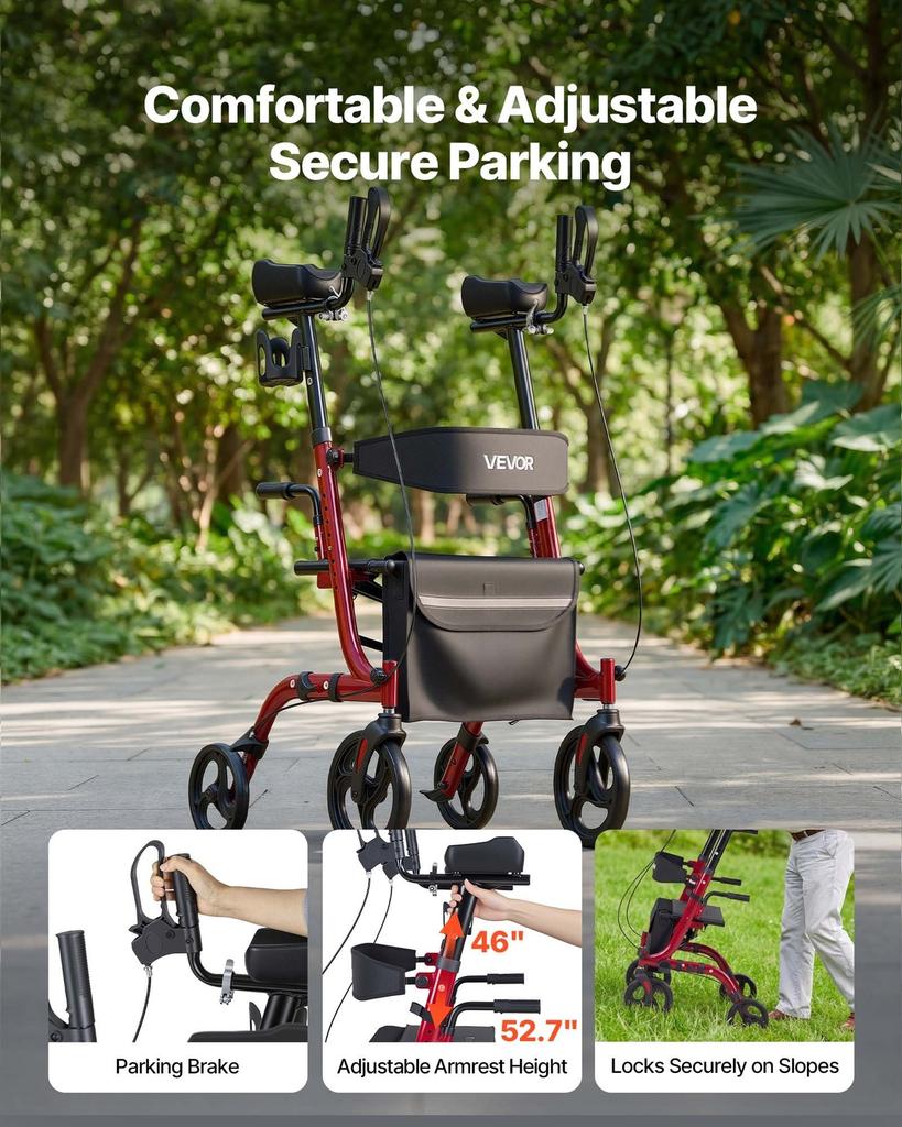 Rollator Walker with Seat for Seniors, Foldable Rolling Walker, Lightweight Aluminum Mobility Walking Aid with PVC Solid Wheels, Adjustable Handle,