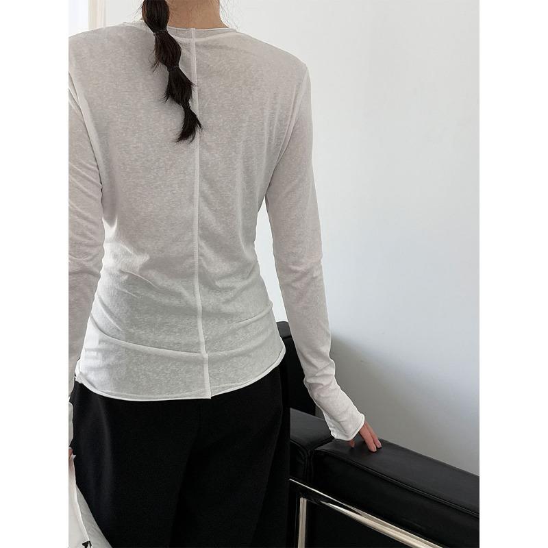 Luxi Korean Style Versatile Rolled Edge Round Neck Bottoming Shirt for Women Autumn New Long-sleeved Inner Slim Fit Top