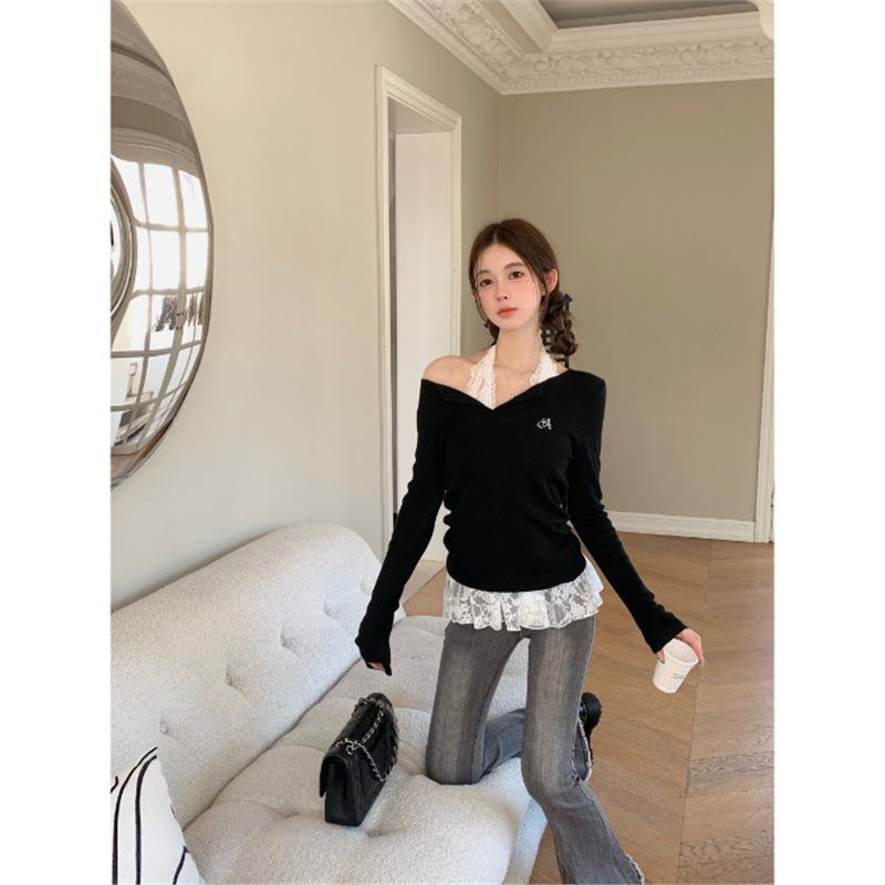 

GAZ Women s Slimming Lapel Knit Top - Autumn/Winter Long Sleeve Inner Sweater S чёрный