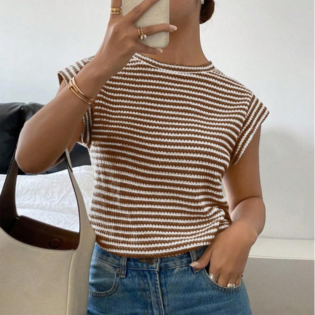 Women's Fashion Striped Round Neck Knitted Short Sleeved Pullover T-shirt Top