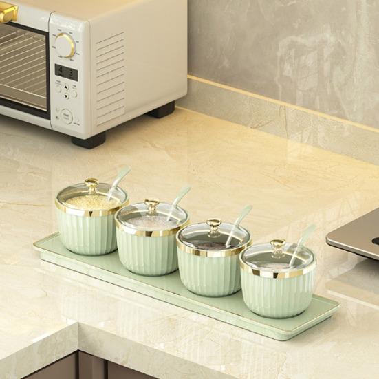 Spice Jars Independent Condiment Containers Transparent Acrylic Jars with Spoons Tray BPA-Free Plastic