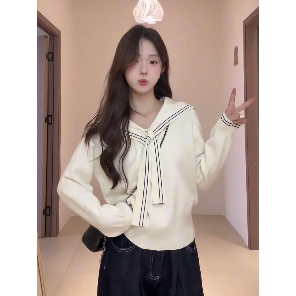 Autumn and Winter Navy Collar Sweater Top Niche Trend Shawl Slim Short Design Sense Inside Knitted Sweater Women