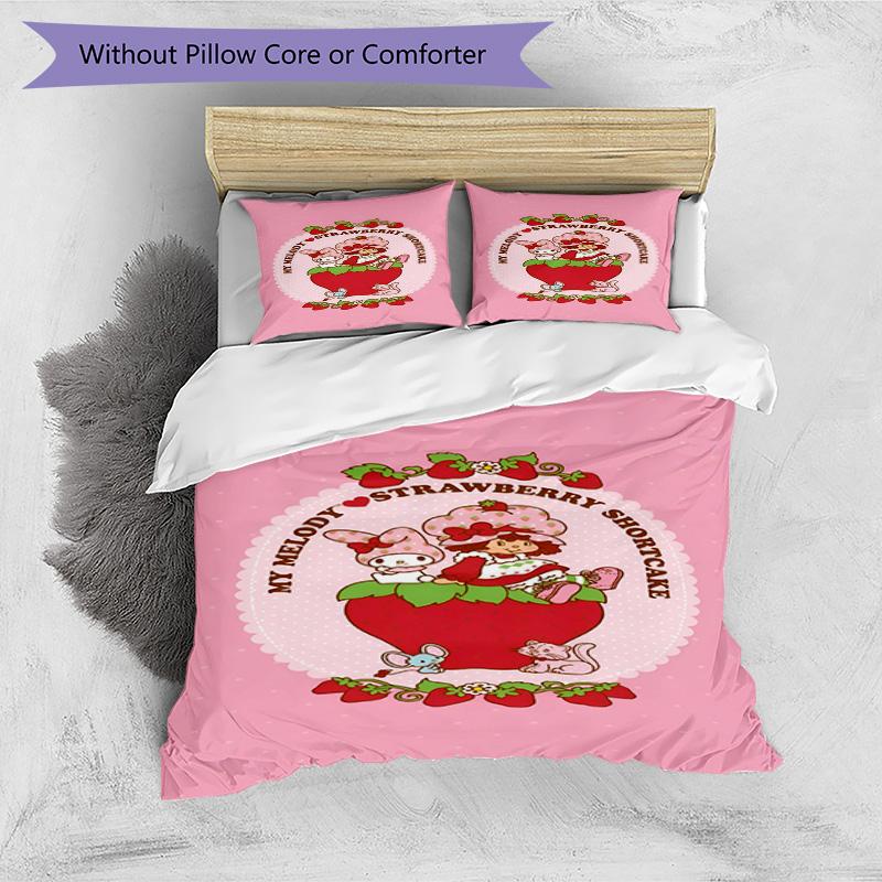 Set cuvertură de pilota 3 buc (1 * Husă de pilota + 2 * Față de pernă, Fără Miez), Set de așternut cu imprimeu Strawberry Shortcake, Decor pentru dormitor, Pentru toate anotimpurile, Cadou de ziua de naștere