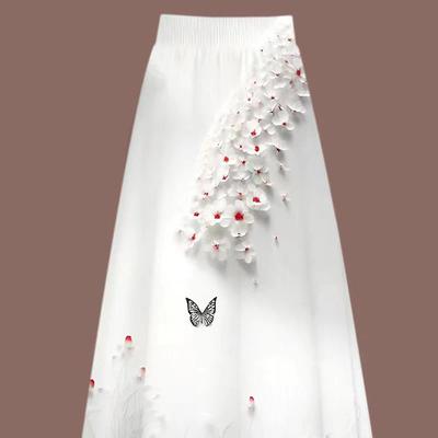 Women's White Maxi Floral Embroidery Butterfly Applique Elegant A-Line Fairycore Long Skirt
