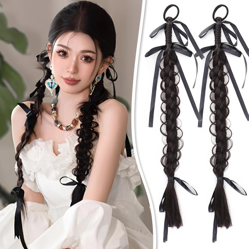 Ponytail Synthetic Wig Elastic Style Boxing Braid Wig with Ribbon Bow Hair Accessories Suitable for Ladies To Wear Daily
