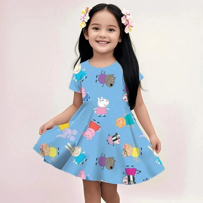 Kids Cute Peppa Pig Summer Dress Casual Loose Fit Cartoon Print Soft Breathable Lightweight Beach Holiday Sundress