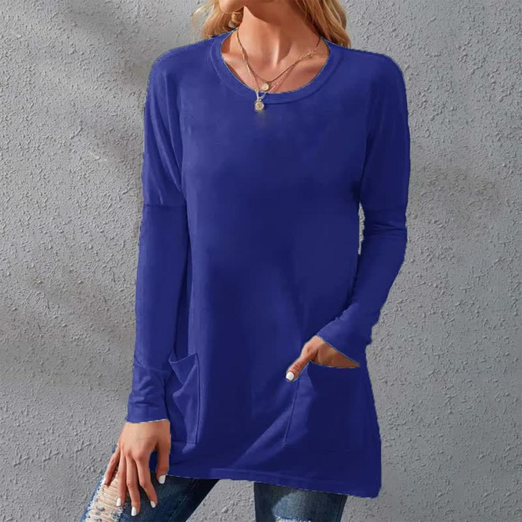 Ladies Casual Fashion Color Loose Round Neck Long Sleeve T-Shirt With Pockets