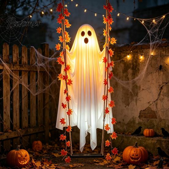 Autumn Garden Landscaping Props Halloween Hanging Swing Ghost Decoration with Maple Leaf, LED Lighted Large Spooky Funny White Ornament Swinging