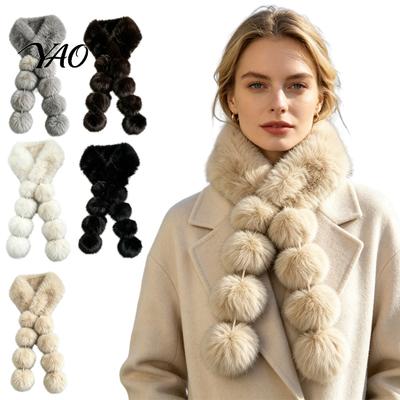 Fashionable Winter Neck Accessory Women Faux Fur Scarf, Warmer with Magnetic Buckle, Chic Ball Scarf Elegant Draping Design Plush Long Soft Collar for