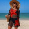 3-teiliges Set Damen Badeanzug Set V-Ausschnitt Träger-BH Hoher Taillen Slip Bikini Set mit Atmungsaktivem Netz Cover-Up Urlaubs Party Sommer Bademode