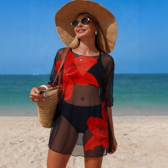 3-teiliges Set Damen Badeanzug Set V-Ausschnitt Träger-BH Hoher Taillen Slip Bikini Set mit Atmungsaktivem Netz Cover-Up Urlaubs Party Sommer Bademode