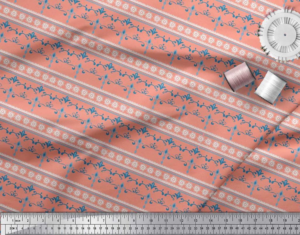 Soimoi Japan Crepe Satin Fabric Stripe,Floral & Filigree Damask Decor Fabric Printed Metre 42 Inch