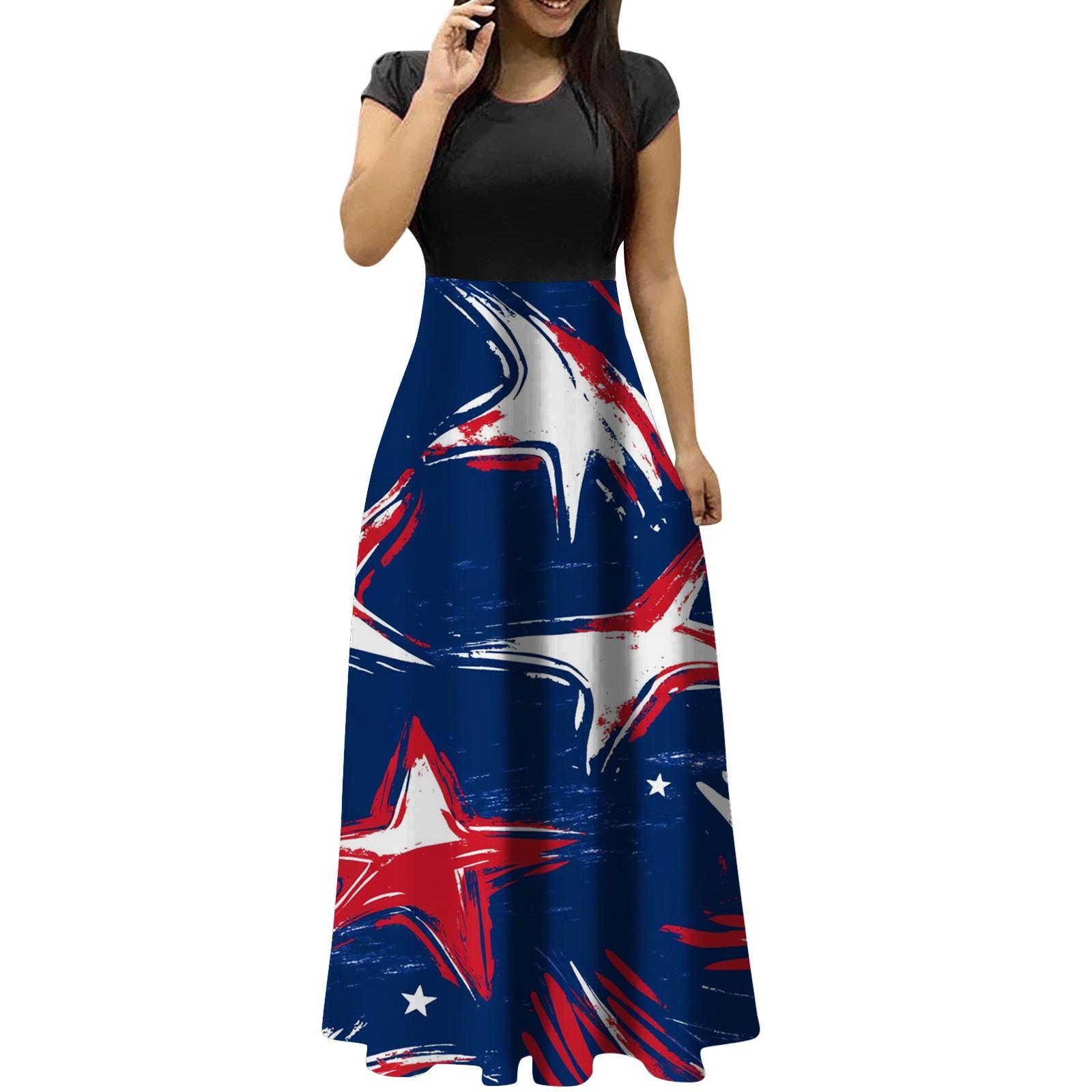 

Женские модные повседневные платья с круглым вырезом и коротким рукавом на День независимости L